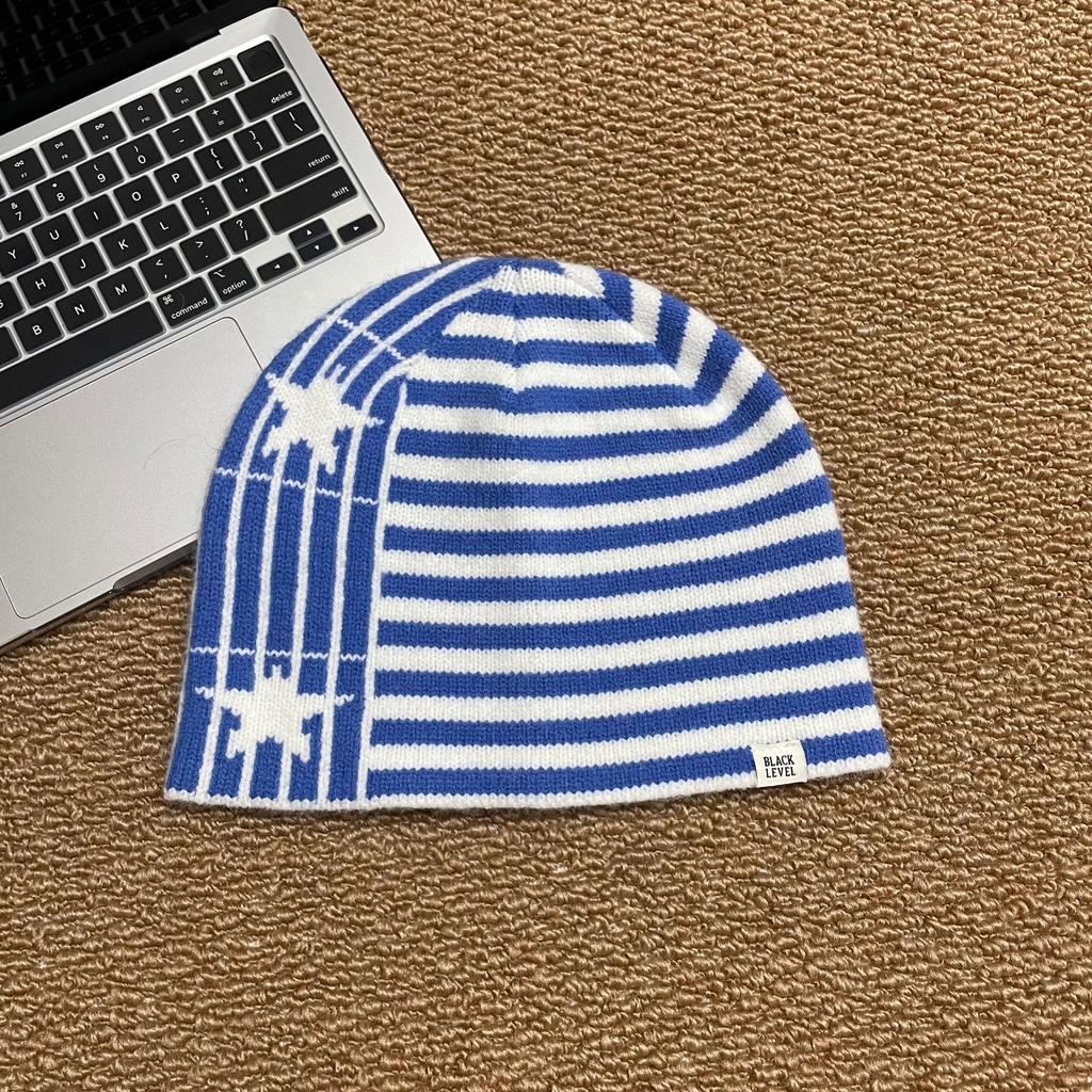 American street star jacquard striped knitted hat autumn and winter warm ear protection contrasting color small standard wool hat windproof cold hat