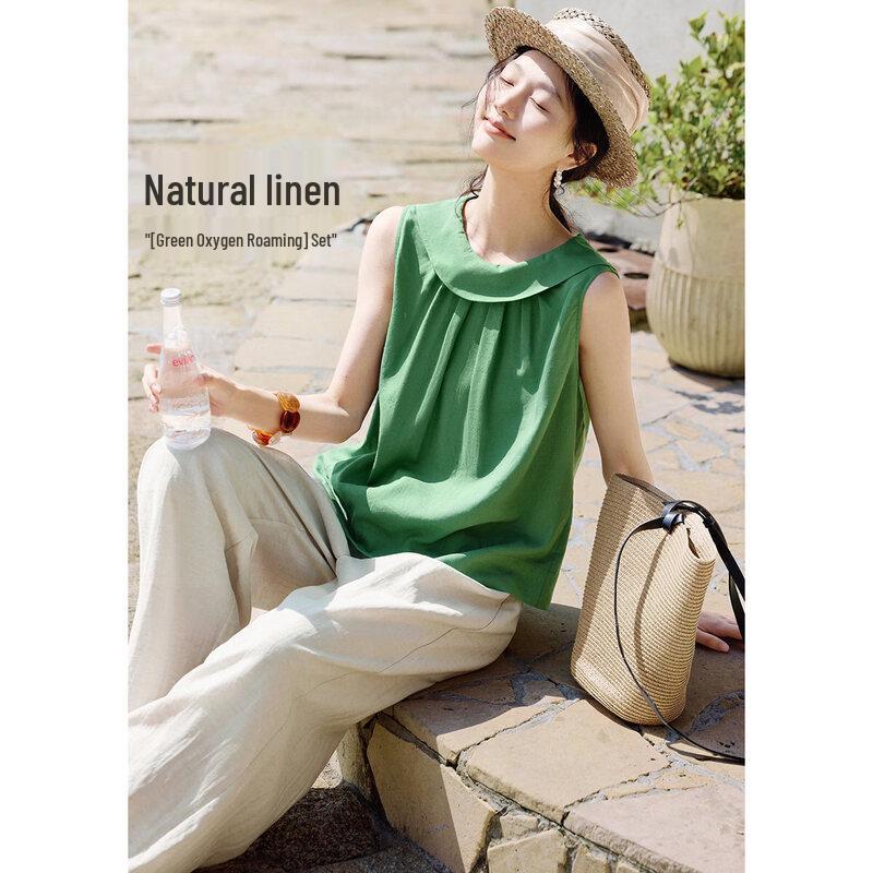 XWI Women s Linen Blend Sleeveless Doll Collar Outfit Set XL