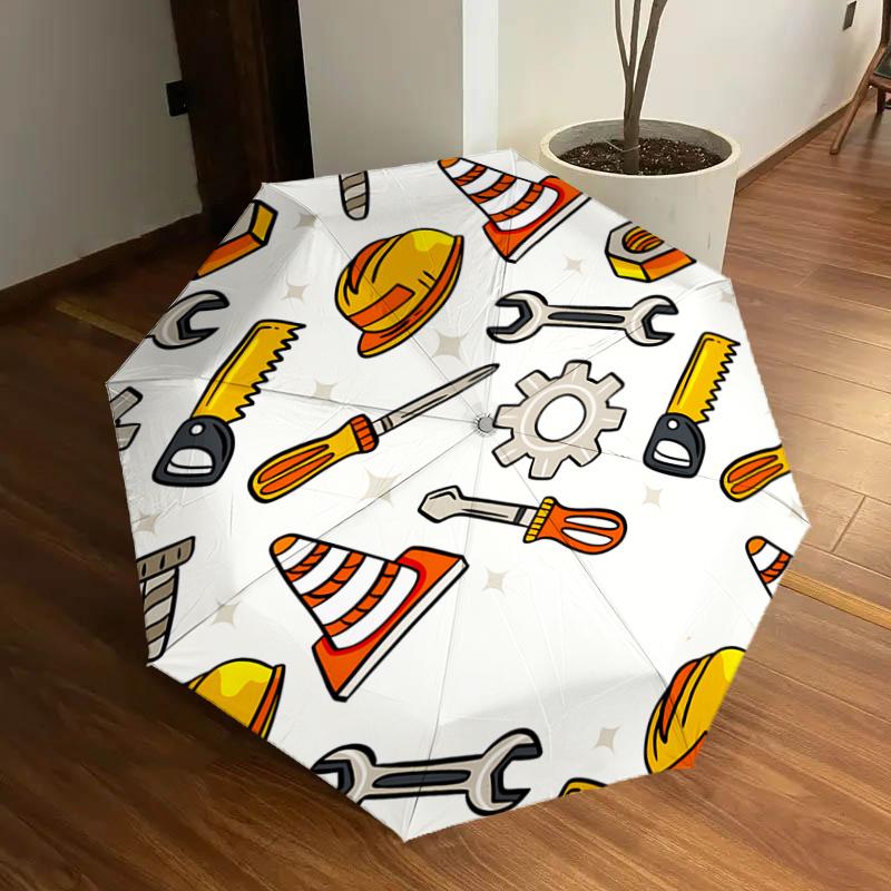 

Construction Tools Pattern Automatic Opening Folding Umbrella - Portable 3-Fold Design with Iron Frame - Outdoor Rain Gear for Fans, Travele