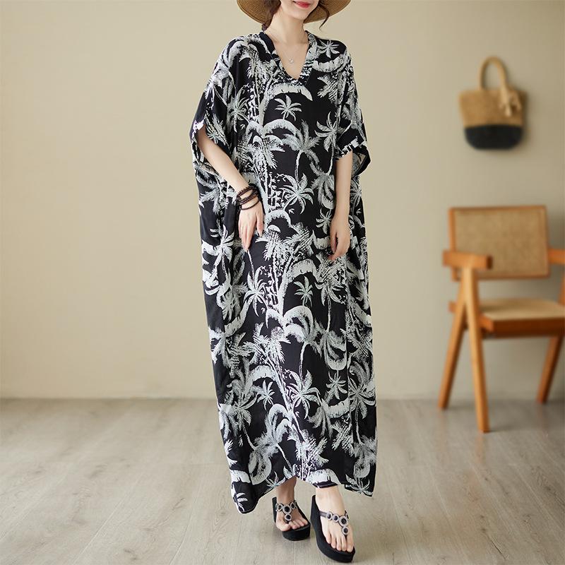 

Темпераментное платье Senior Sense of Aging Женские летние новые черно-белые свободные длинные платья с рукавами-фонариками и принтом One Size чёрный/белый