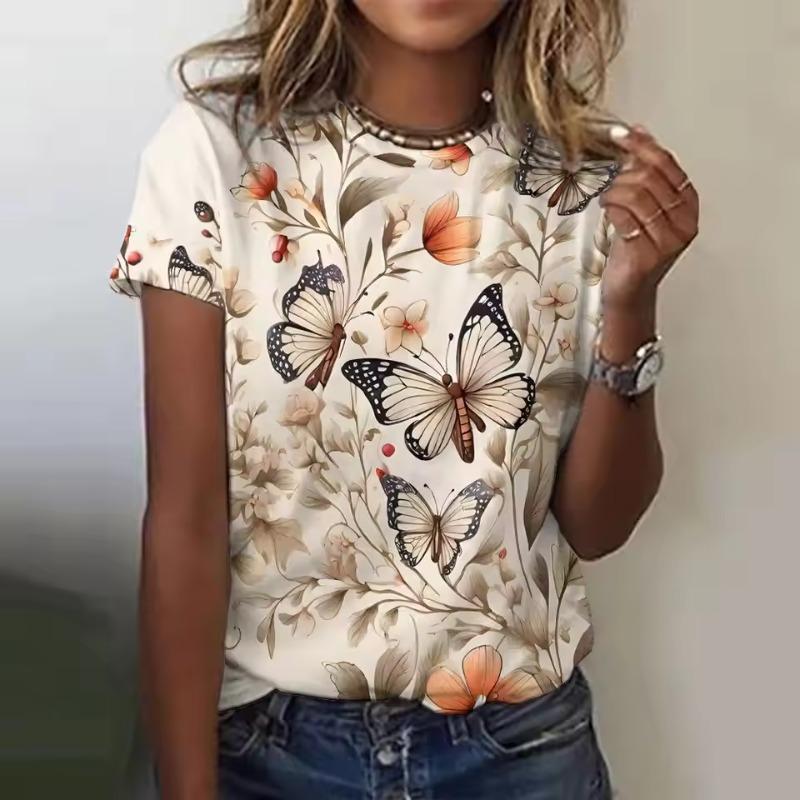 Women's T-Shirt Butterfly Graphic Print Summer Short Sleeve Casual Tops Street Fashion O Neck T-Shirt Oversized Female Clothing