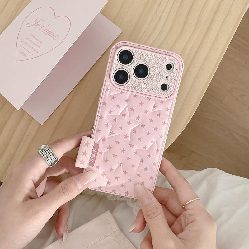 Luxury PU Leather Phone Case With Rhinestone Star Design IPhone 15 16 17 Pro Max Anti-Scratch Drop Protection