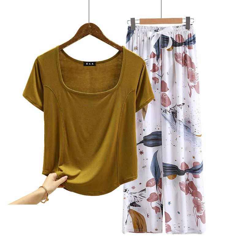 Fashion U Nek Tshirt and Floral Wide leg pants Summer fashion homewear 2pcs suit Loose Casual pajamas set comfort loungewear plus size