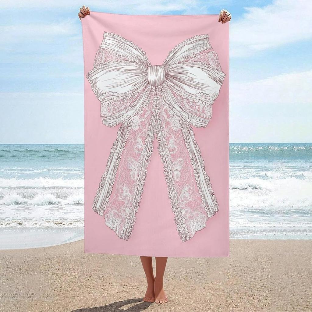 Pink Bow Print Beach Towel Quick Dry Sand Free Cute Star Heart Pattern Lightweight Towel for Girls Beach Pool Travel Camping
