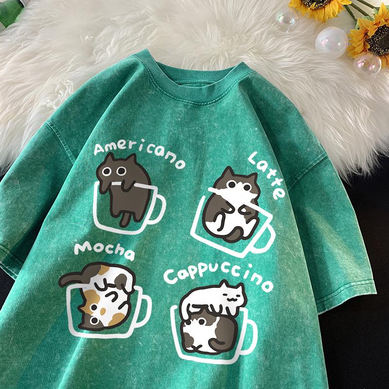 Cat Coffee Pure Cotton Trendy Summer Loose Short Sleeved T-shirt Men Women Mocha Latte Cat Vintage Water Washing Fun Cat Tees