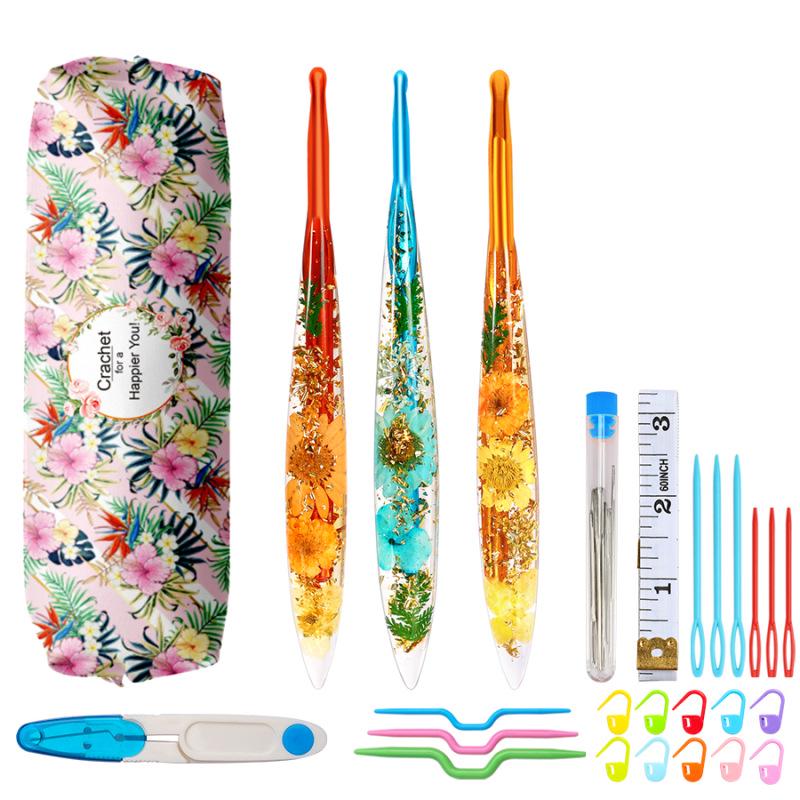 Set of 9 Colored Anodized Aluminum Crochet Hooks with Creative Resin Handles and Exquisite Flower Design