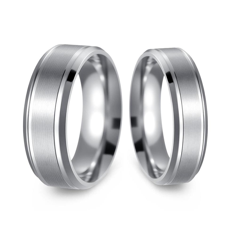 Matte Bevel Stainless Steel Couple Ring - 8/6mm Wide, 18K Gold Plated