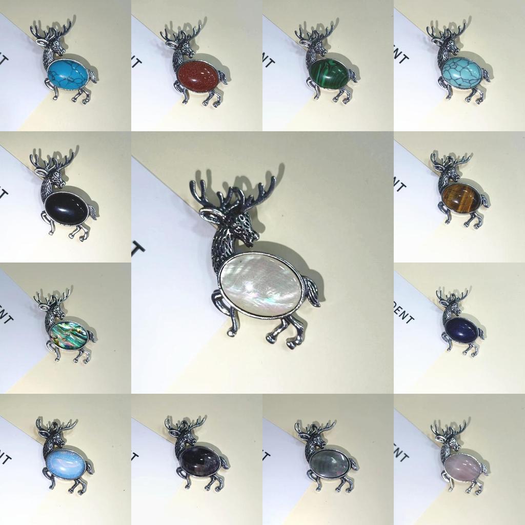 Animal Deer Embellished Metal Brooch Pin With Semi Precious Shell Inlay For Romantic Gift