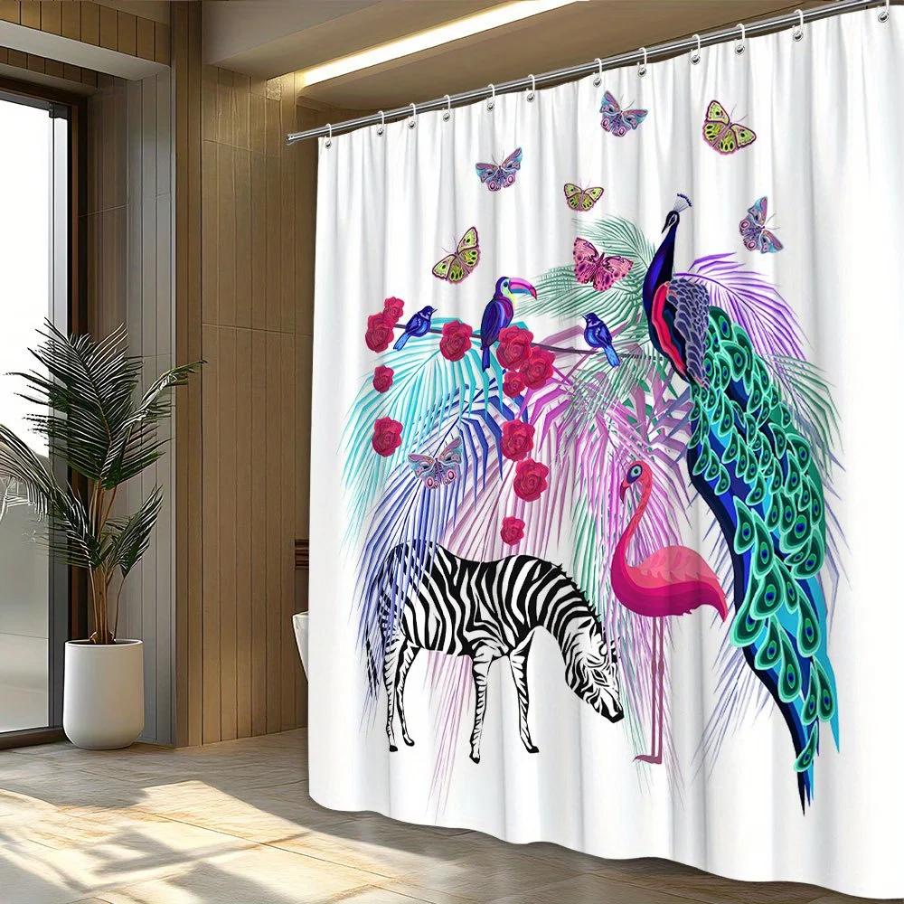1pc Tropical Animal Shower Curtain with Peacock, Zebra, Flamingo, Colorful Butterflies & Roses - Whimsical Fantasy Design,