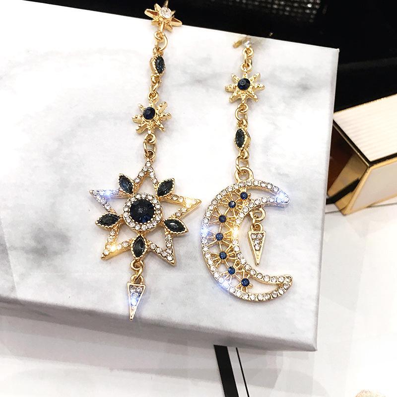 S925 Silver Asymmetrical Star & Moon Earrings with Sapphire