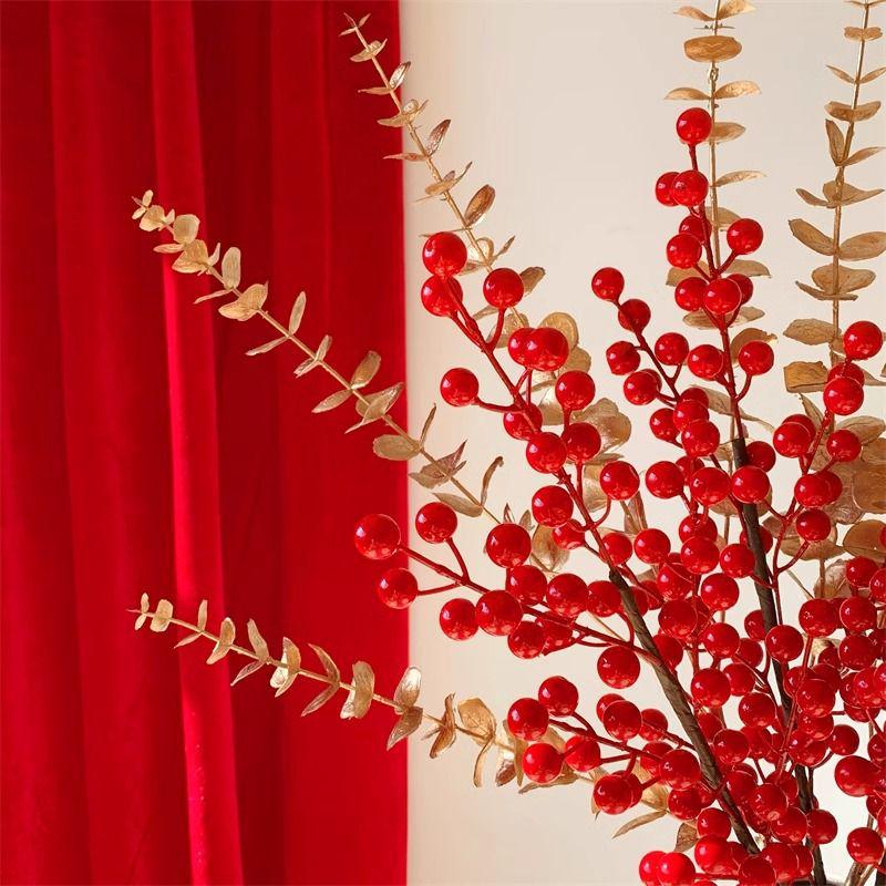Winterberry Red Berries Artificial Flower Arrangement - New Year Housewarming Decoration for Living Room Ornaments