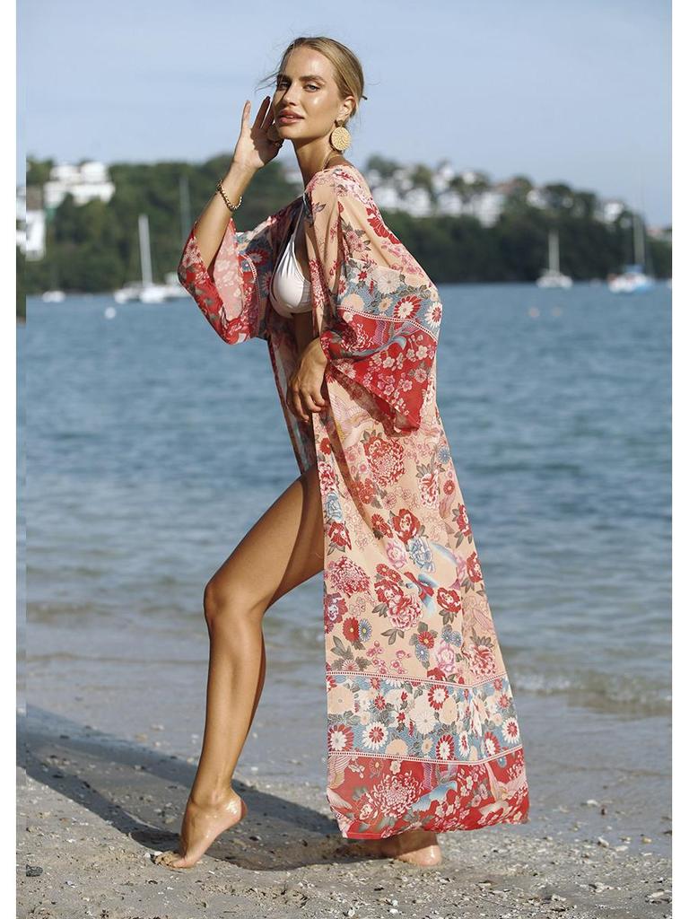 European & American Plus Size Chiffon Print Vacation Long Robe Beach Dress