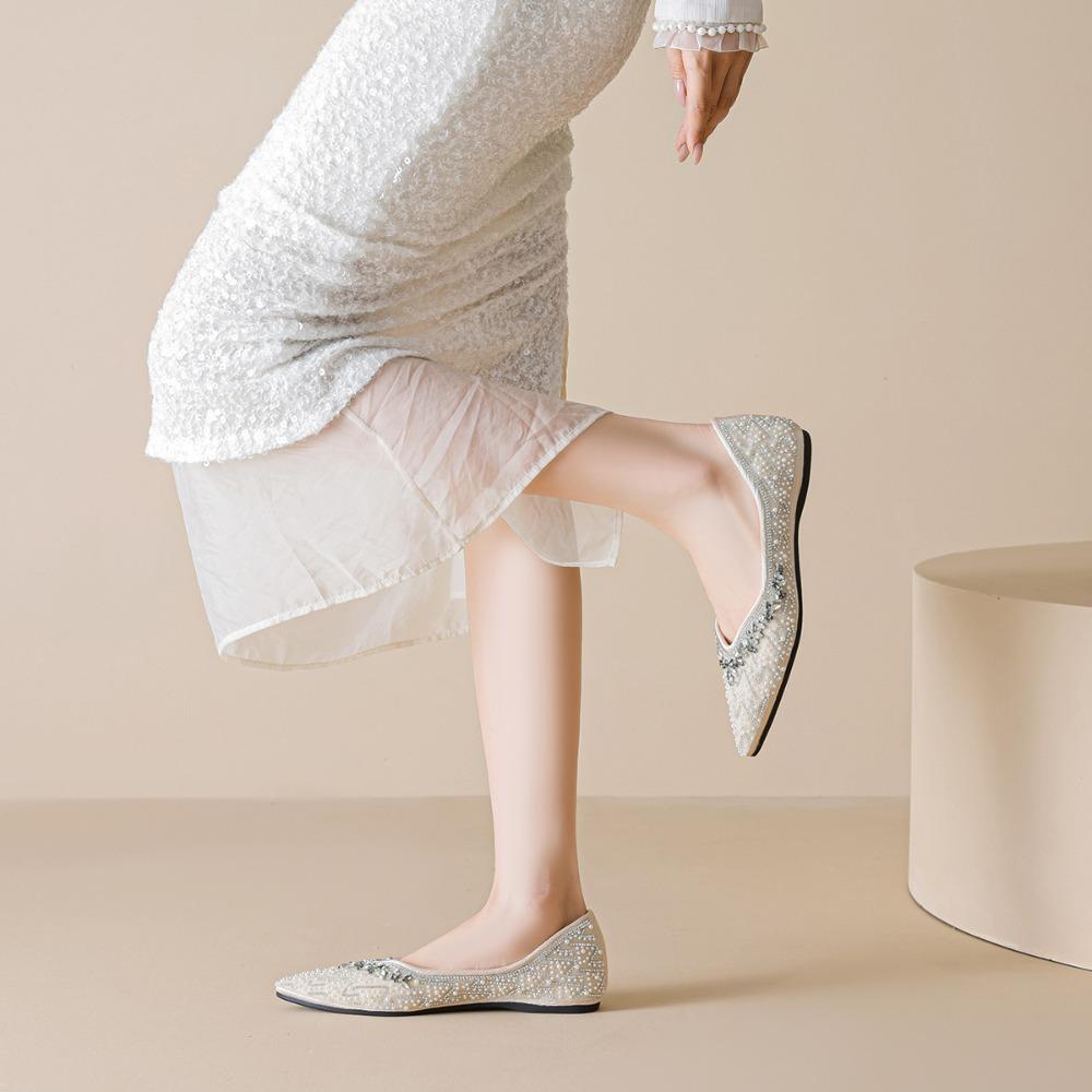 Women's Flat Shoes Beading Square Head Single Shoes Female Shallow Mouth Rhinestone Wedding Shoes Flats Soft Sole