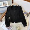 Women's Plus Size French Square Neck Blouse Puff Long Sleeve Single Breasted Pleated Slim Casual Shirt For Curvy Figures
