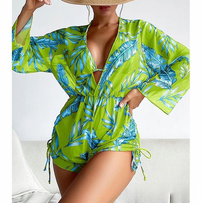 New long-sleeved three-piece mesh waist drawstring printed split bikini swimsuit