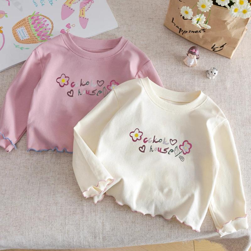 Girls Cotton Long Sleeve T Shirt Spring Autumn Ruffle Round Neck Casual Basic Top Kids Clothing