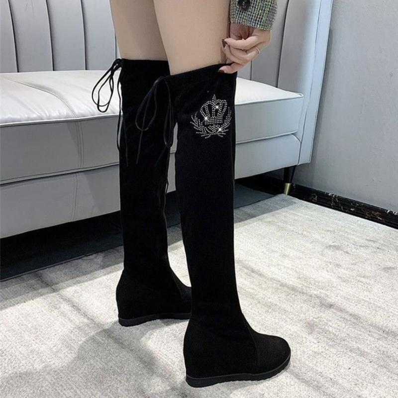 Women's Thigh-High Winter Over The Knee Boots  Slimming Built-In Heel Lift Elastic Fabric Plus Size Furry Long Boots