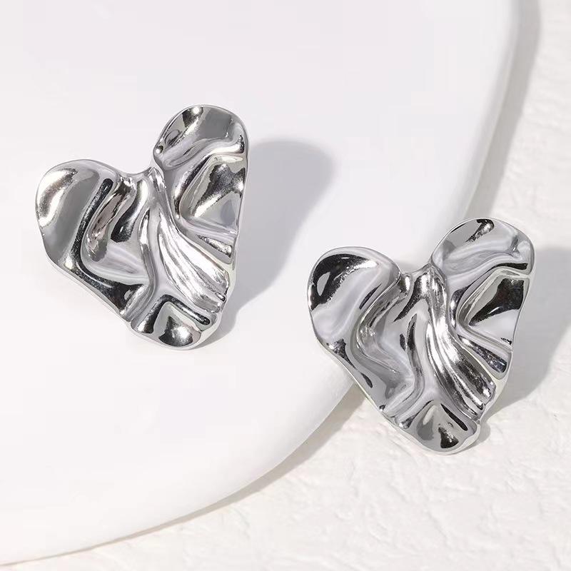European and American pleated love stud earrings simple and sweet earrings metal cold wind stainless steel stud earrings