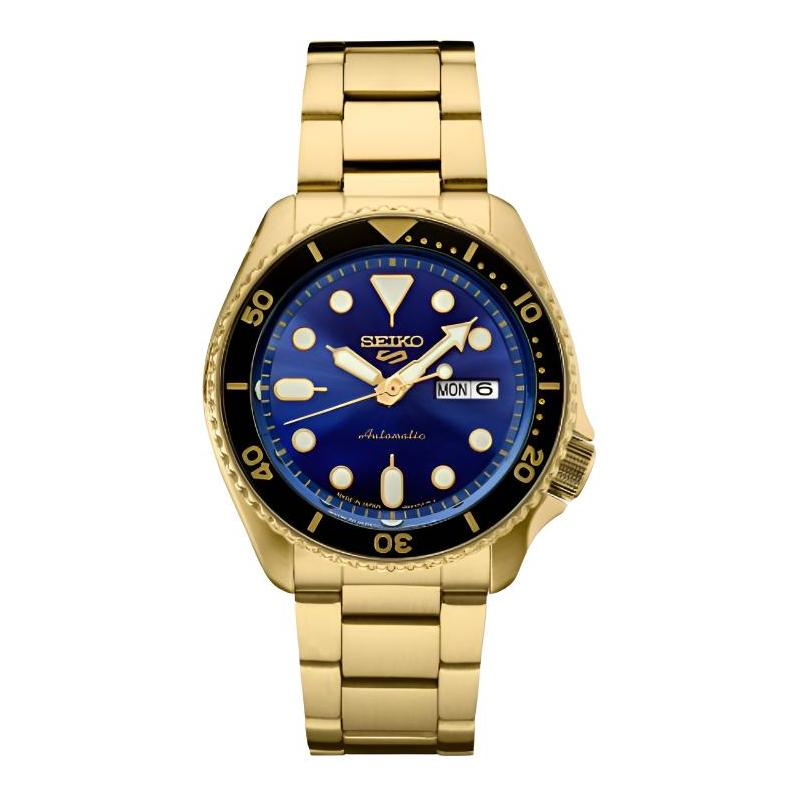 

SEIKO Seiko5 100 meters waterproof Automatic gold-plated Steel Strap 42.5mm men s watch blue dial SRPK20 синій