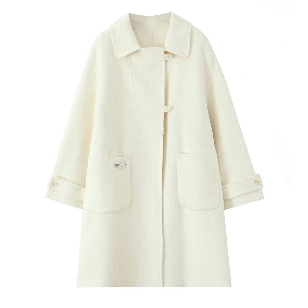 Mid-Length Wool-Cashmere Coat with Doll Collar & Petal Buttons, Double-Faced, Chic Autumn/Winter Style, Youthful Look.