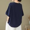 Women T-shirt Deep V Neckline Embroidery Floral Pattern Pullover Tops Pure Color Loose Fit