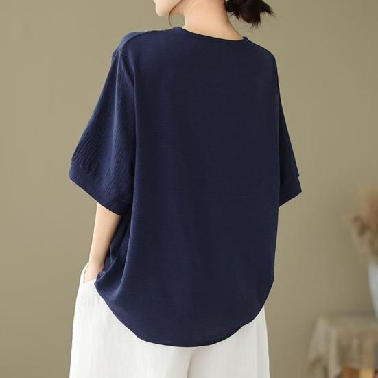 Women T-shirt Deep V Neckline Embroidery Floral Pattern Pullover Tops Pure Color Loose Fit