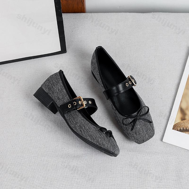 Women Ballet Flats 2026 Autumn Bowknot Square Toe Belt Buckle Design Mary Jane Shoes Elegant Soft Sole High Quality Single Shoes