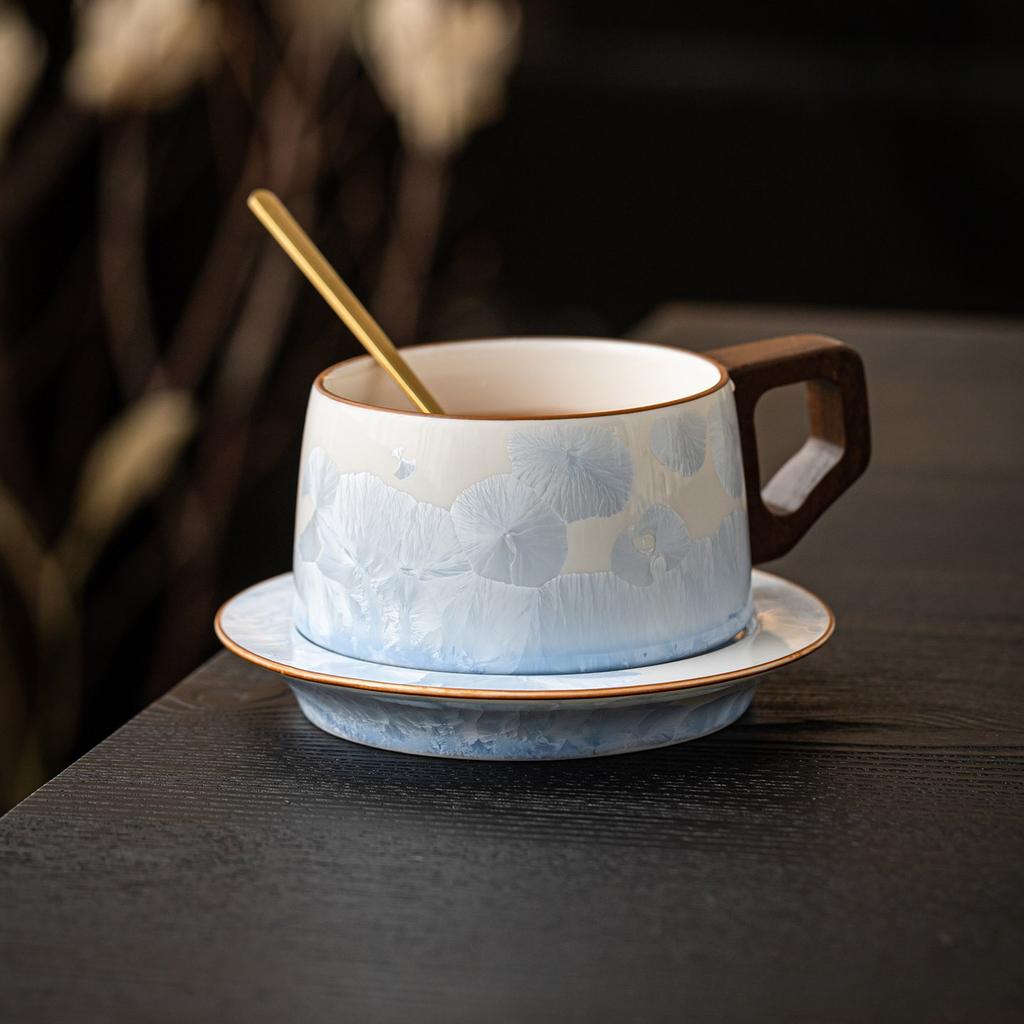 Chinese Style Wooden Handle Ceramic Mug with Dish Crystalline Glaze Coffee Cups Afternoon Tea Cup Set Household Drinkware