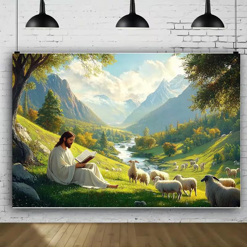

2D Green Valley Jesus Shepherd Backdrop - Church Event Photo Booth Background 47.2x31.5inch/120*80cm