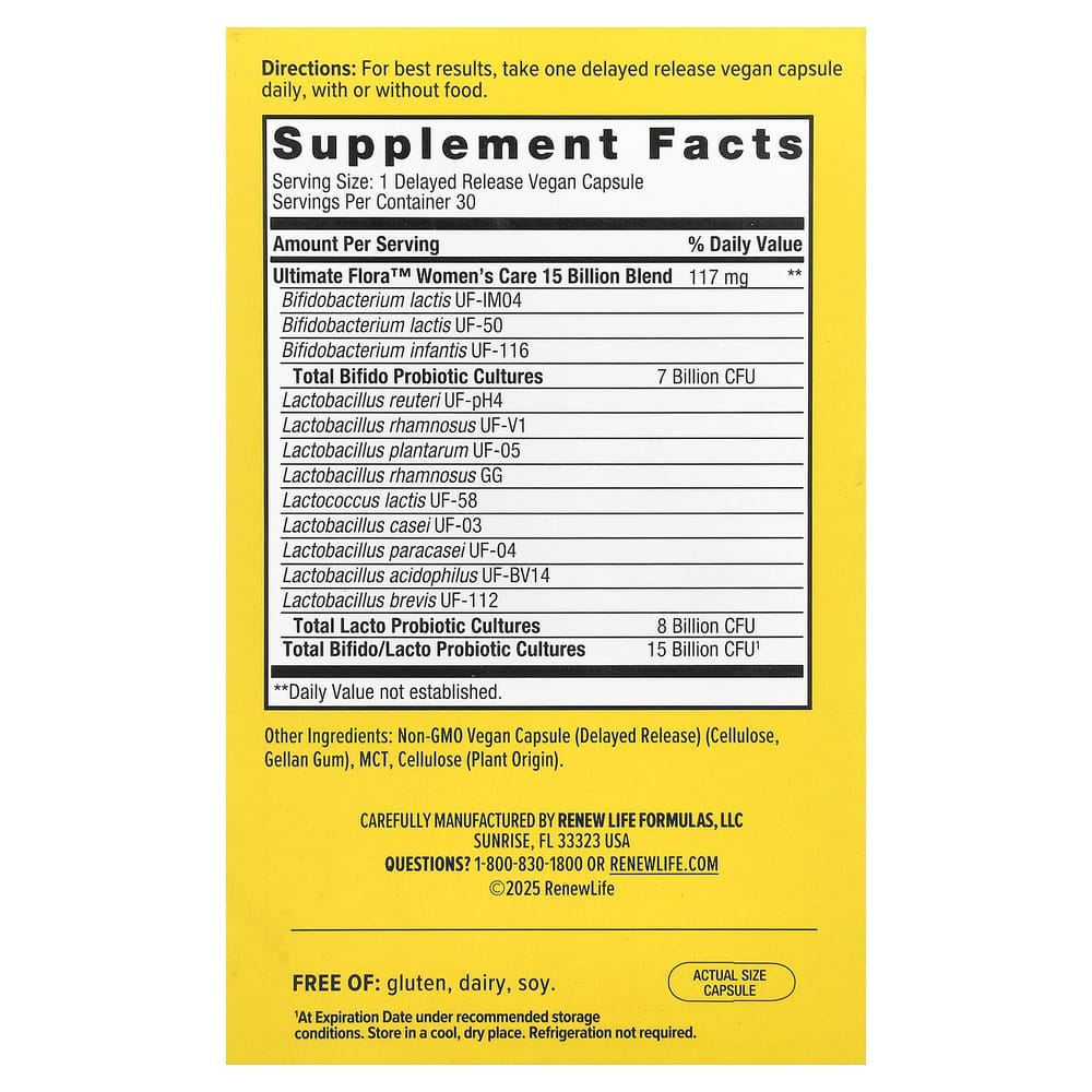 Renew Life Women's Care Ultimate Flora Probiotic, 15 Billion Live Cultures, Travel Size, 30 Vegetarian Capsules