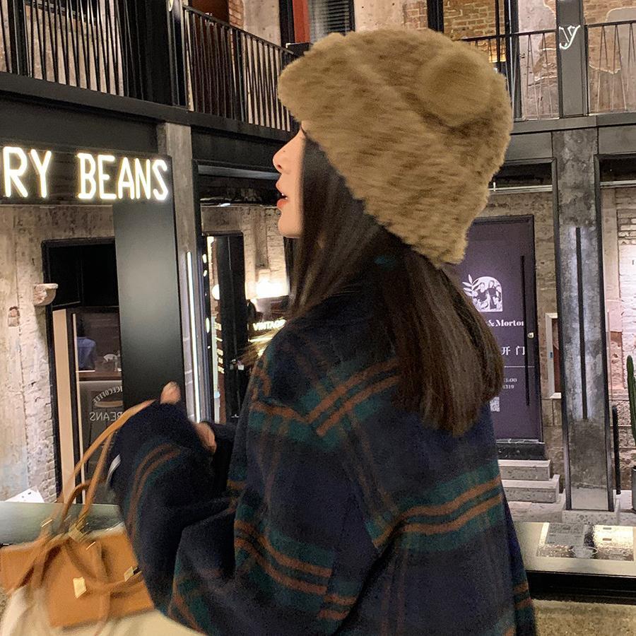 Elegant Bear Plush Knit Hat For Women Winter Warm Thick Fur Cap Beanie