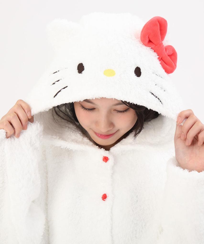 SAZAC Hello Kitty Pajamas for Hello Kitty with Daniel Long Open Poodle Boa Loungewear for Fall and Winter Women, Costume, Sleeve, Front, Fabric,