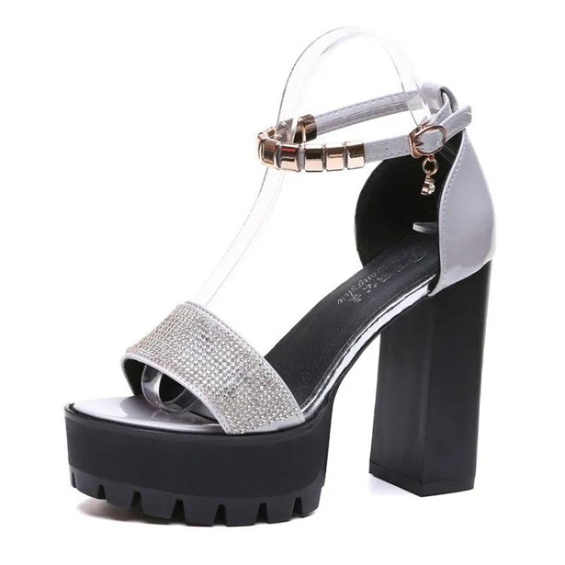 

Туфли на высоком каблуке с толстой подошвой, универсальные, женские, корейские туфли с открытым носком, сексуальные туфли для ночного клуба и подиума, сандалии на платформе для женщин 39 серый