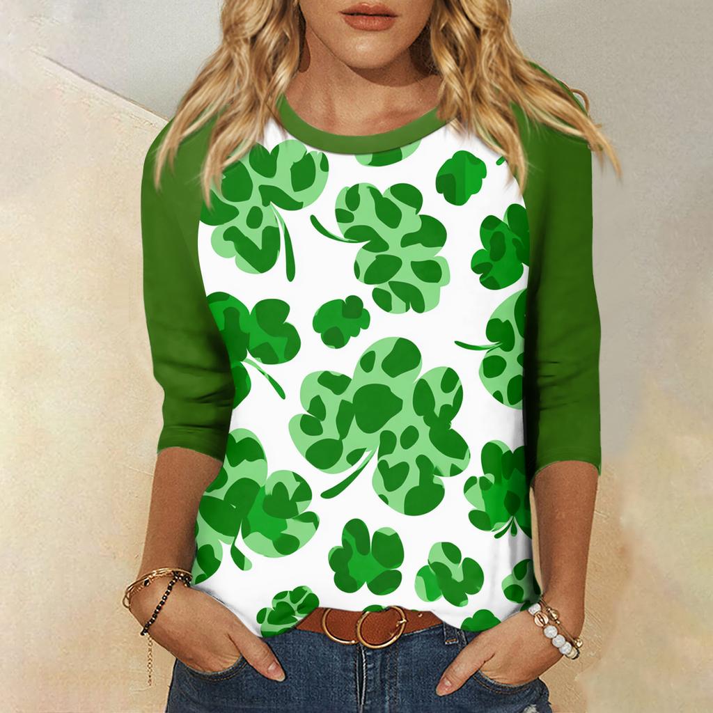 Women's St. Patrick's Day Print Round Neck Three-Quarter Sleeve Top