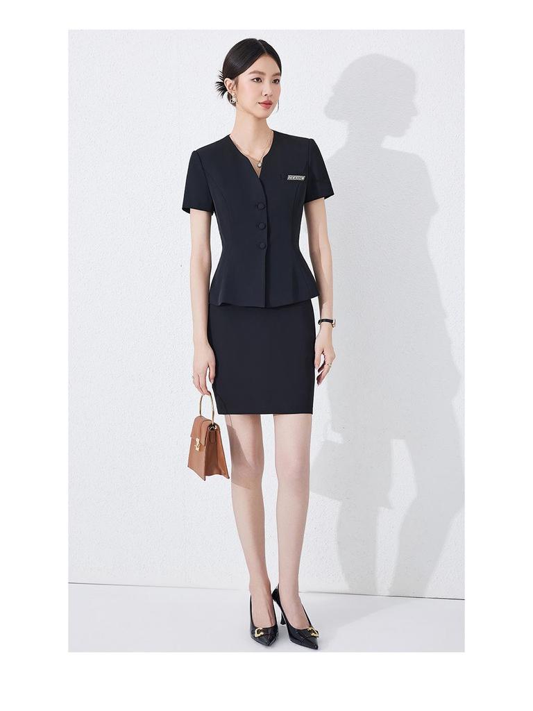 Women's Dark Blue Short-Sleeved Suit Set - Summer Professional Attire for Hotel and Jewelry Store Front Desk.