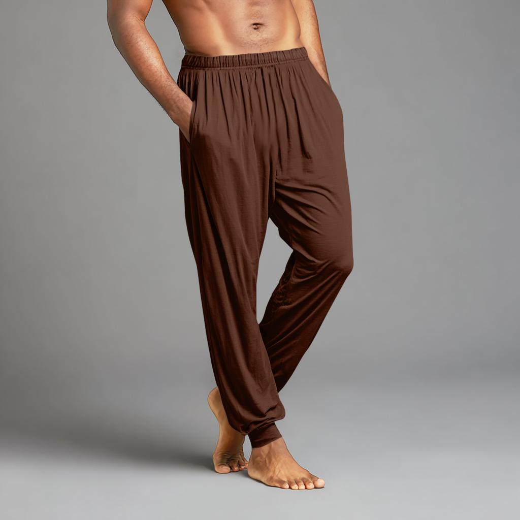 Pánské ležérní kalhoty se stahovací šňůrkou, kapsami a manžetami, domácí spací kalhoty
