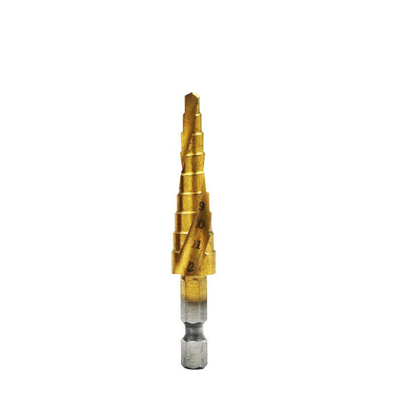 4241 Titanium Spiral Flute Step Drill Bit, 4-12mm, Hex/Triangular Shank for Hole Enlargement.
