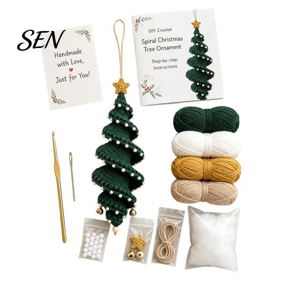 Yarn Craft Project Crochet Doll Spiral Ornament DIY Kit, Holiday Set with Christmas Decoration Making Soft Yarn, Beads, Tree Hanging for Window