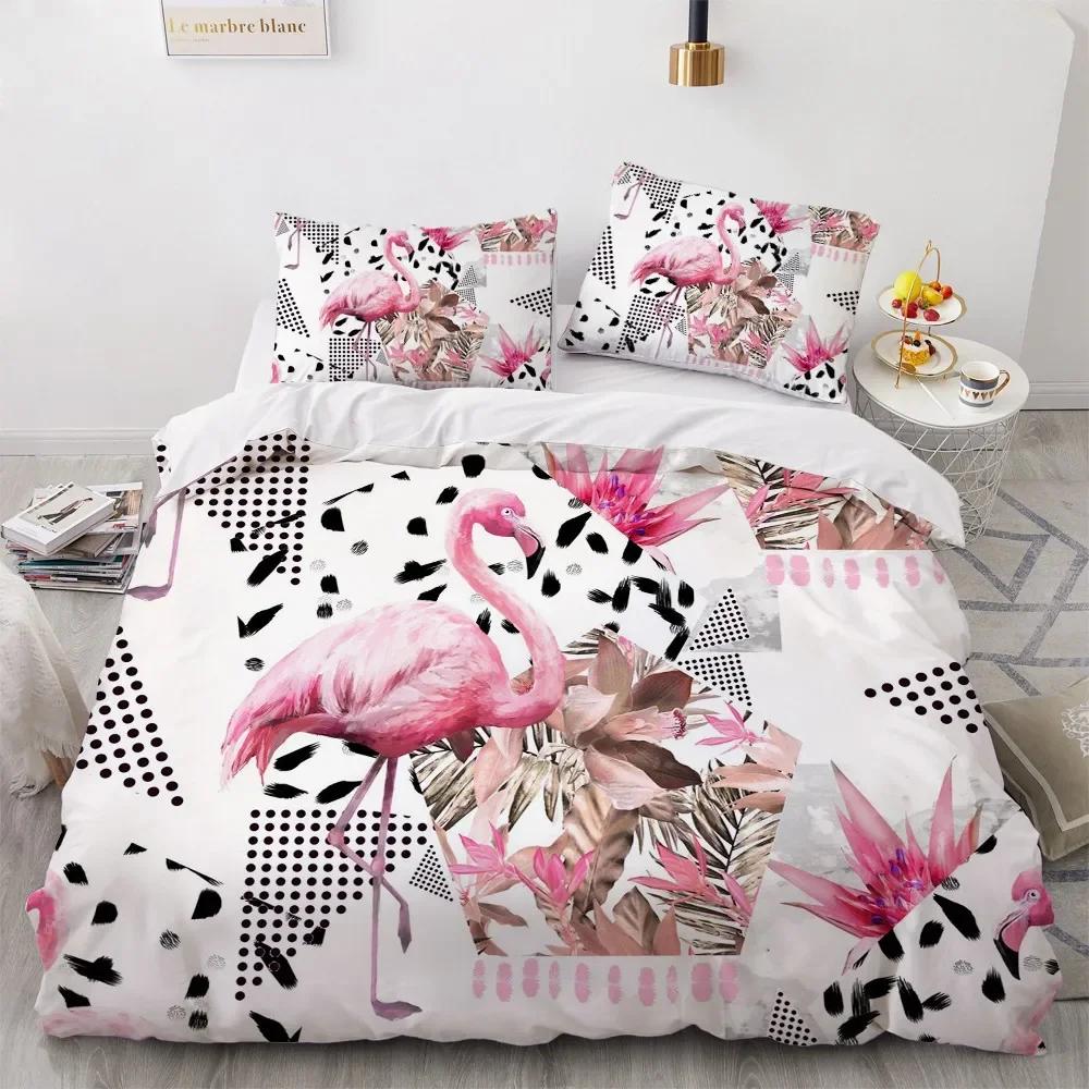 Flamingo Duvet Cover King Queen 3D Pink Animal Bedding Set for Kids Teens Adults Watercolor Style Quilt Cover with Pillowcase