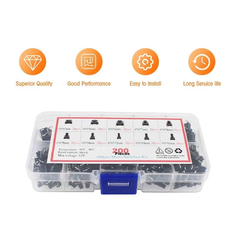 200PCS  6*6 Tact Push Button Switch TV Toys Home Use Button 6x6x4.3/5/6/7/8/9/10/12/14/16MM DIP Switch Tactile Push Button Kit
