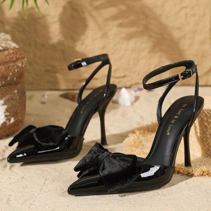 Fashion Sexy Pointed Toe Bow Brand High Heels Women Fashion Ankle Buckle Black Designer Shoe Elegant Shallow Thin Heel Dinner Dress Shoe
