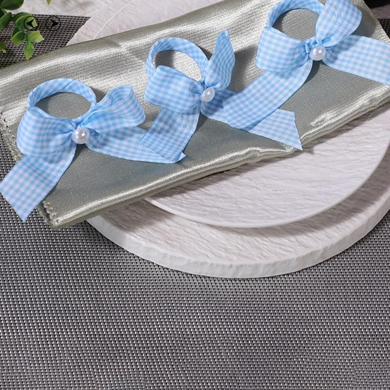 12Pcs Striped Bowknot Tie Napkin Rings Satins Fabric Pearls Embellishment Dining Table Decoration Desktop Accessories