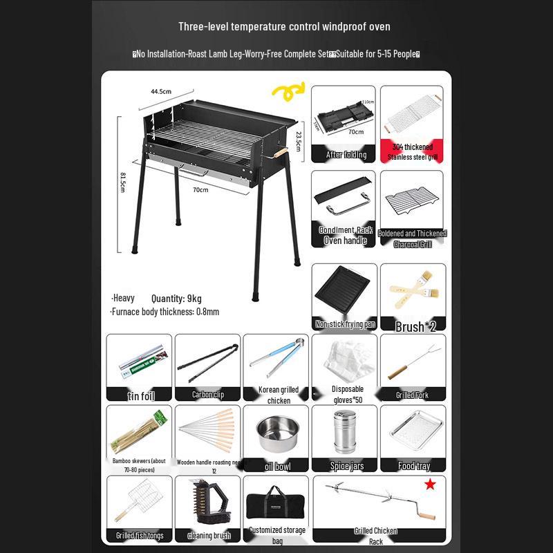Stainless Steel Folding Portable Charcoal BBQ Grill and Utensils