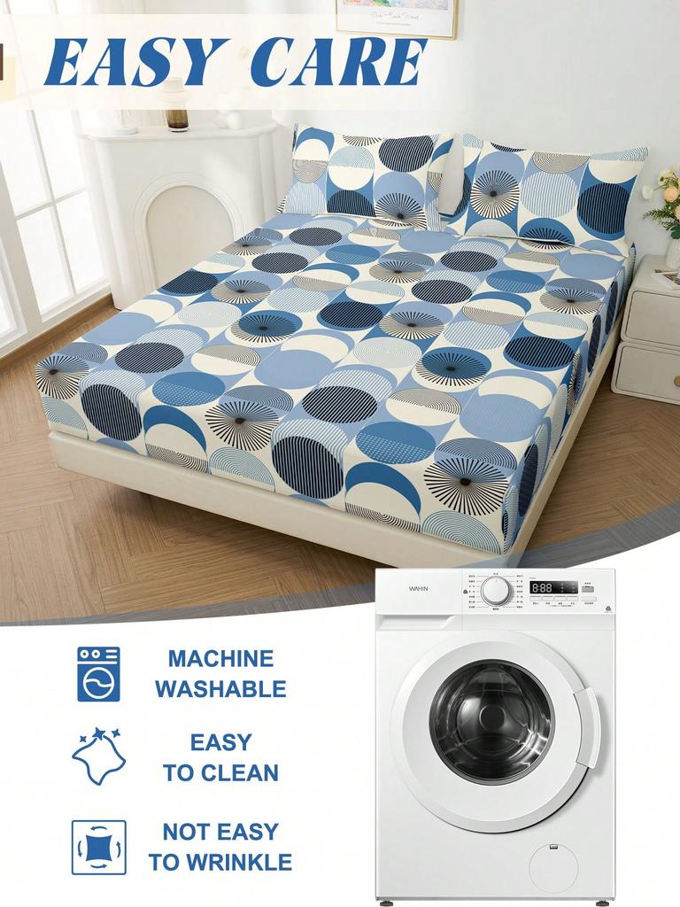 Gradient Blue Fitted Sheet Stylish Circle Plaid Pattern Printed Geometric Style Flat Sheet With 2 Pillowcases Modern Room Decor
