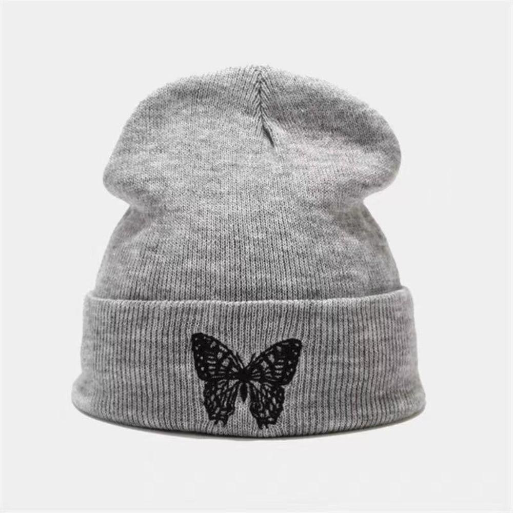 Embroidered Butterfly Knitted Pullover Hat Windproof Ski Bonnets Hat Winter Warm Skullcap
