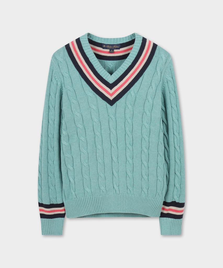 BROOKS BROTHERS Tennis V-Neck Cable Sweater (Light Blue) (Bbwnmmg102)