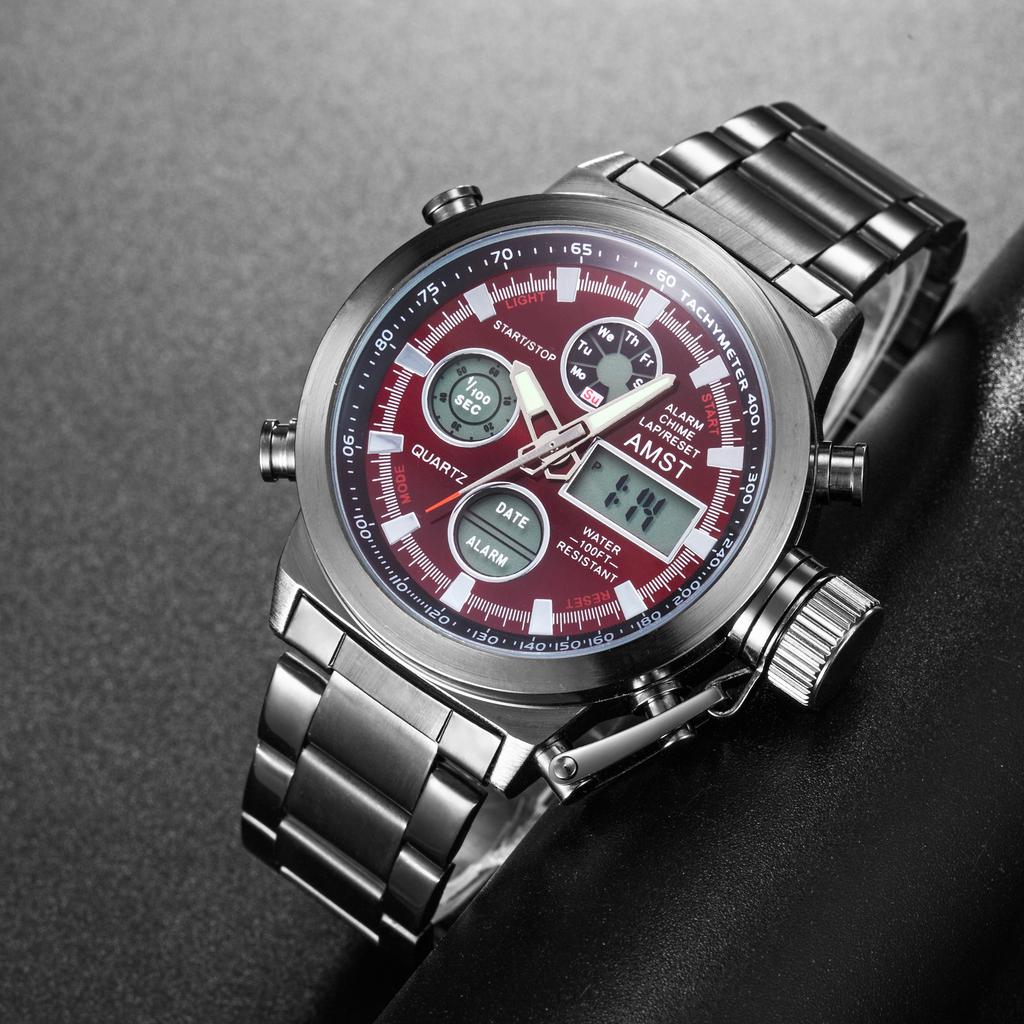 AMST Men Watch Top Luxury Brand Red Big Dial Sport Watches Mens Chronograph Quartz Wristwatch Date Male Clock Relogio Masculino