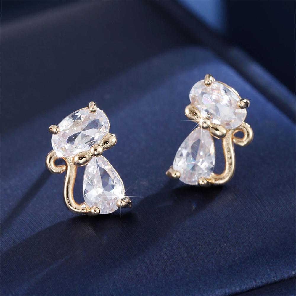 Rainbow Zircon Cute Green Small Cat Stud Earrings For Women Gold Silver Animal Ear Studs Wedding Jewelry Mother's Day Gift