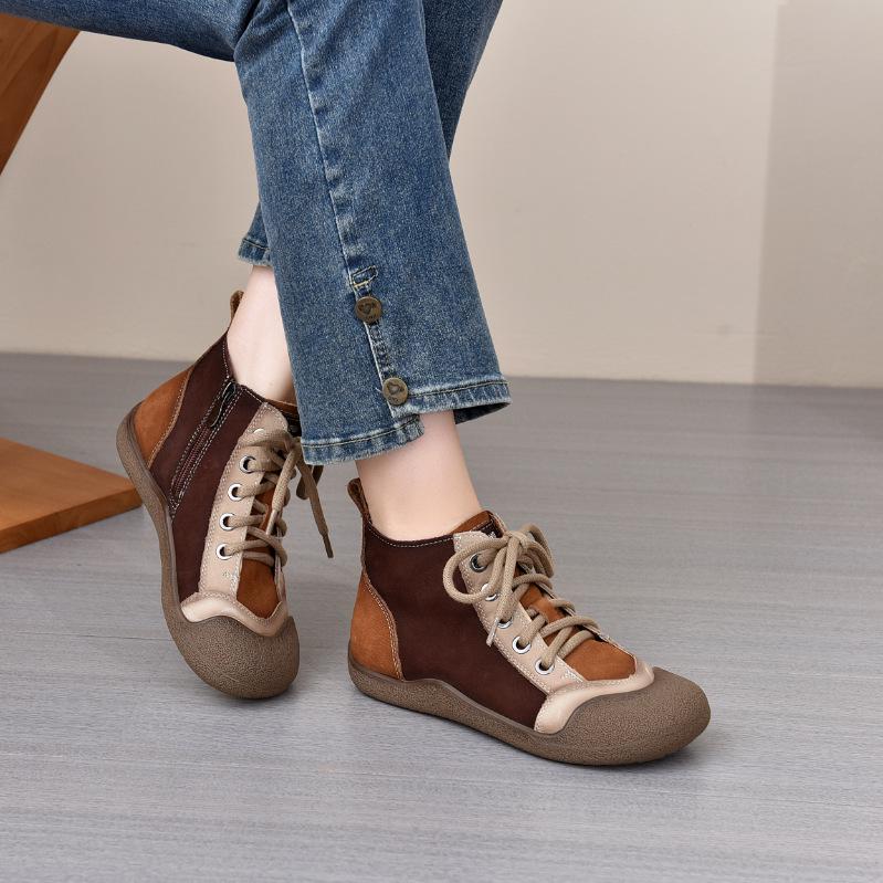 Longlin 2025 Damen Retro Colorblock Leder Stiefeletten - Weiche Sohle, Hässlich Süßer Stil