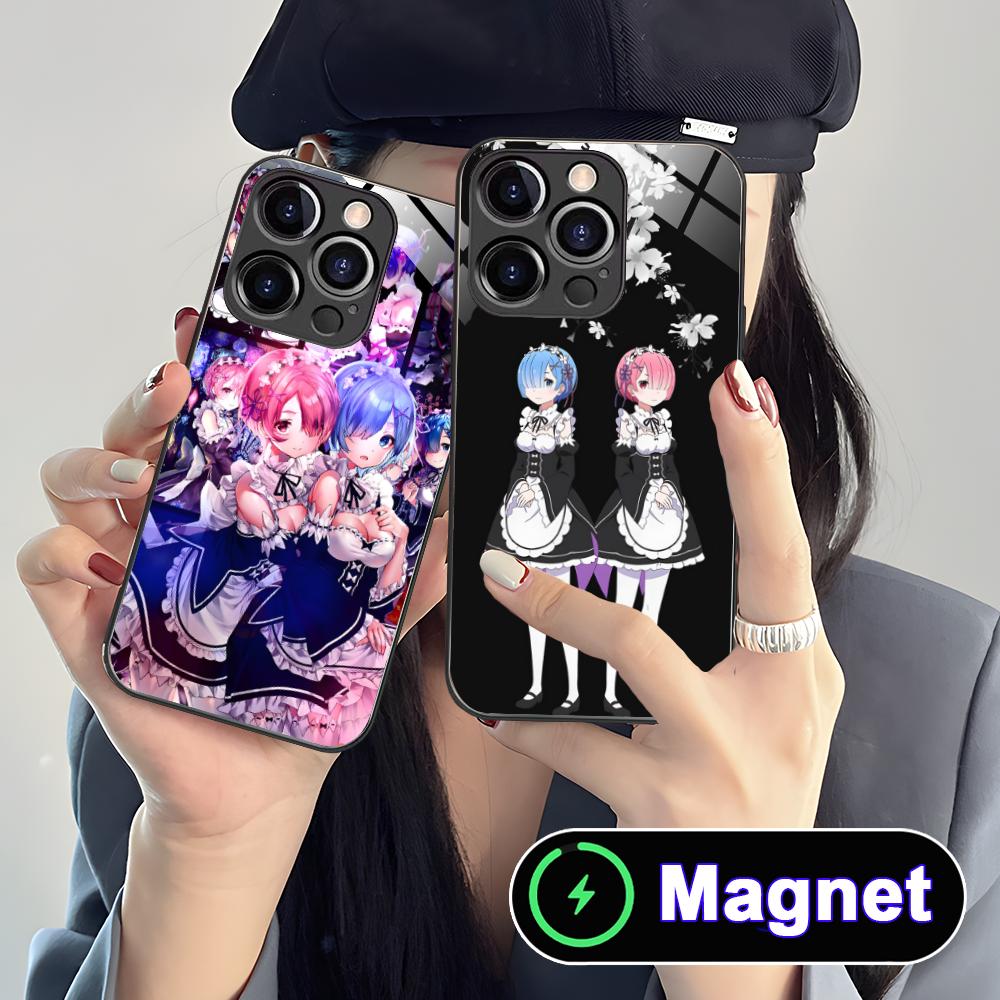 ReZero Rem Ram Glass MagSafe Mobile Phone Case for iPhone 17 16 15 14 13 12 11 Air Pro Max Plus Mini Colorful Cover
